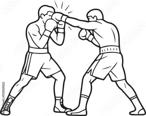 boxing match line drawing male fighters throwing punches defensive guard gloves shorts athletic action vector