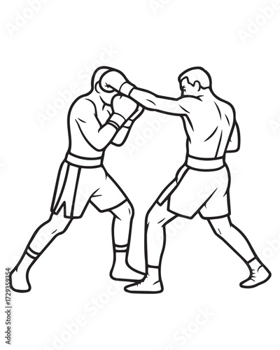 vintage boxing illustration two fighters sparring straight punch defensive posture monochrome vector artwork