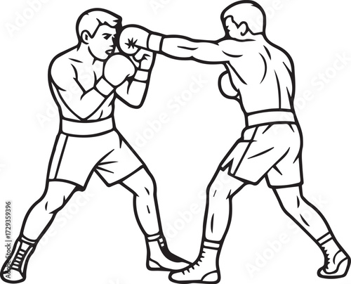 sport technique boxing vector two male boxers in action straight left punch and high guard line art