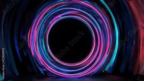 Luminous concentric rings of vibrant neon hues encircle a dark void, with textured backdrop