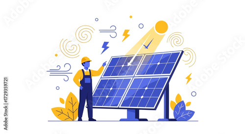 Illustration of a worker pointing at solar panels, renewable energy concept