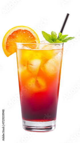 glass with tequila sunrise cocktail isolated on white background. Alcoholic drink, design element for restaurant or bar. Design element for menu.