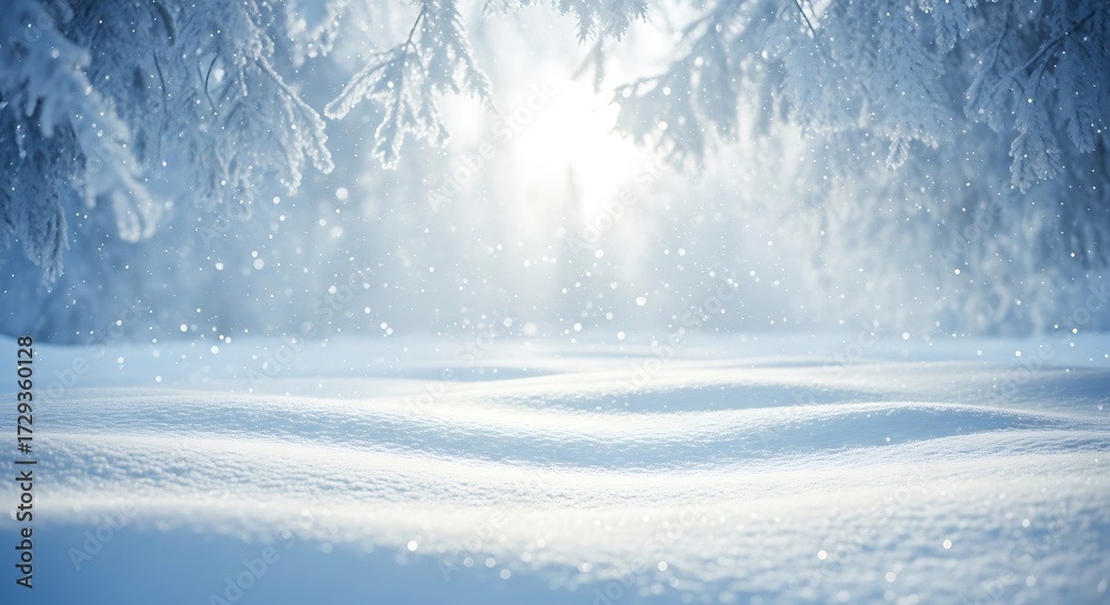 Fototapeta premium Softly lit winter scene with snowy landscape and trees frosted with ice
