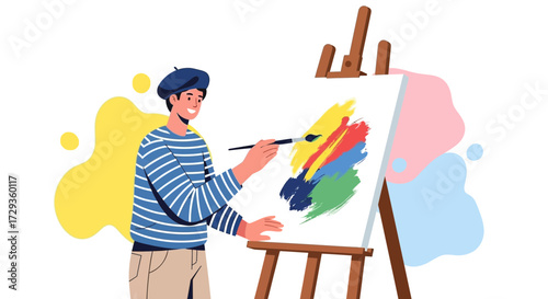 Illustration of an artist painting on canvas with colorful abstract art and brush strokes