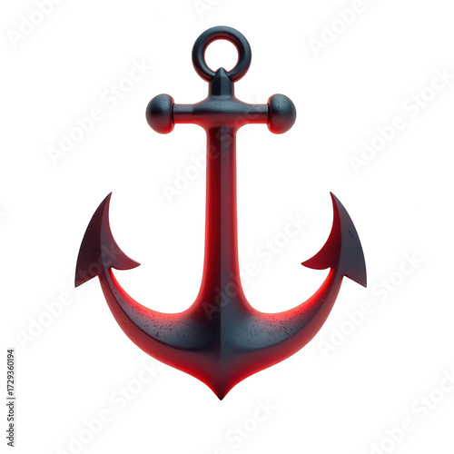 Rendered illustration presents a detailed metallic anchor with a textured surface, illuminated by crimson red hues, creating a captivating contrast against a completely dark background, showcasing...