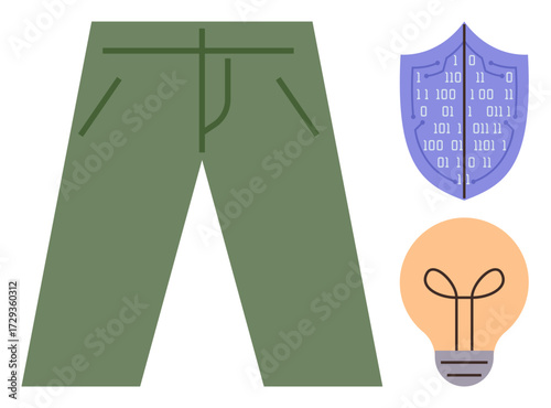 Green pants, digital shield with binary code, and lightbulb symbol for protection, ideas, functionality. Ideal for cybersecurity, technology, fashion, creativity problem-solving safety and modern