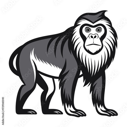 Cartoon monkey with a focused gaze standing against white