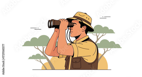 Man Observing Through Binoculars In Wild Environment Amidst Trees Detailed Illustration Outdoors