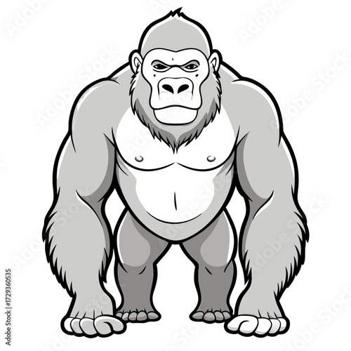 Monochrome cartoon gorilla illustration standing strong and looking serious