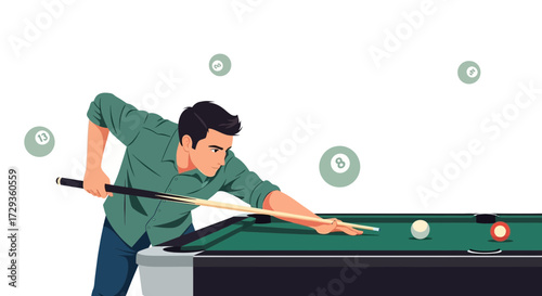 Man Playing Pool, Aiming Cue Stick, Preparing To Strike the Billiard Balls