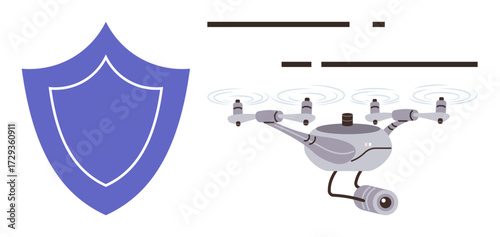Flying quadcopter equipped with camera alongside shield icon representing security, defense, and advanced technology. Ideal for safety, surveillance, innovation, protection, technology, law