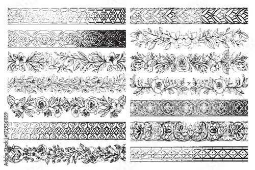 Mix-and-Match Horizontal Borders and Dividers Set: Hand-Drawn Floral Roses and Tile Geometric Patterns

