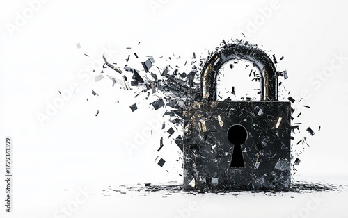 Futuristic digital visualization of hacking with shattered lock and exposed data streams isolated on transparent background PNG