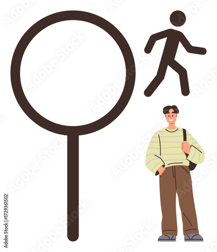 Black magnifying glass beside a walking stick figure, next to a casually dressed man. Ideal for search, exploration, discovery, individuality, job search, self-improvement minimalism. Simple flat