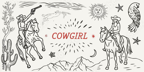 Retro hand drawn western illustration featuring cowgirls riding horses with cowboy elements