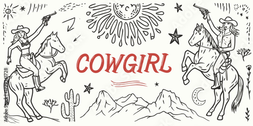 Dynamic illustration of two cowgirls on horseback firing guns amidst a western landscape with sun and mountains