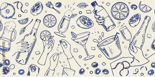 Hand drawn sketch of hands holding cocktails lemons limes and drinks in a seamless pattern