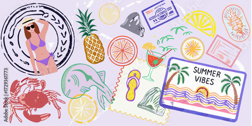 Vibrant summer vacation collage featuring tropical fruits beach accessories and a woman in a bikini