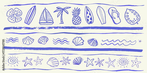 Collection of hand drawn blue beach and summer icons on a light background