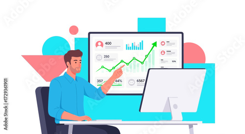 Man analyzing financial data on a computer screen, growth marketing digital illustration