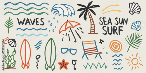 Hand drawn summer beach elements collection featuring waves palm tree surfboards sun and sea icons