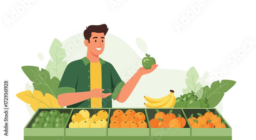 Man choosing fresh apple in a fruit market vector illustration design