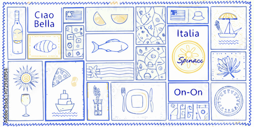 Whimsical italian collage featuring food travel and cultural icons in blue and yellow