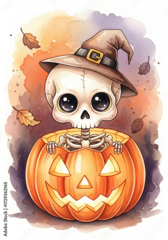 Fototapeta premium Cute watercolor illustration for Halloween. Adorable skeleton in witch hat holds jack-o'-lantern candy bucket. Whimsical night scene with moon and bats. Hand-painted artwork perfect for greeting cards