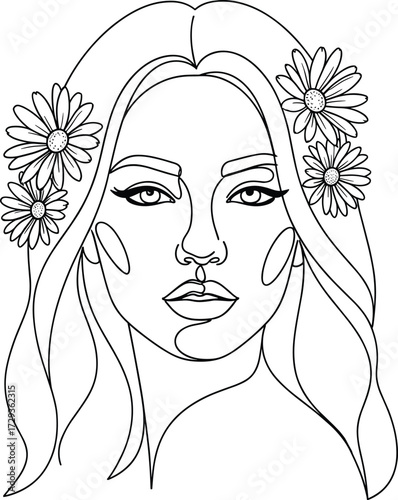 Black and white line art of woman with daisy flowers, expressive face portrait for beauty, nature, fashion, and coloring themes