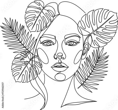 Continuous line art of woman face with tropical leaves, stylized botanical illustration for beauty, nature, fashion, and modern decor