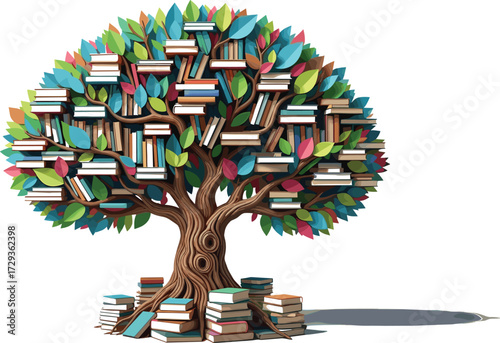 Book tree illustration, education and growth concept, colorful leaves, knowledge symbol, learning design, vector graphic, editable academic theme artwork