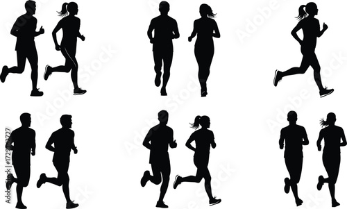Professional runners silhouette in various jogging poses for health, fitness, sports, and marathon concepts vector illustration