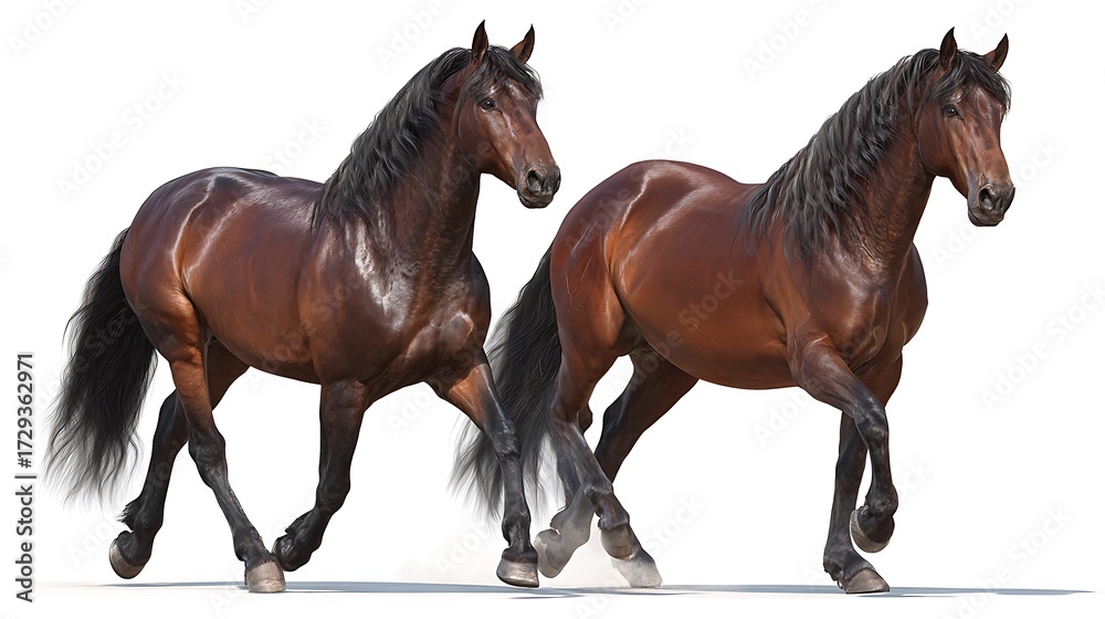 Obraz premium A beautiful pair of elegant brown horses isolated on white background