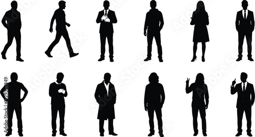 Set of diverse business people and casual individuals in silhouette, showing various poses and actions for graphic design or illustration projects