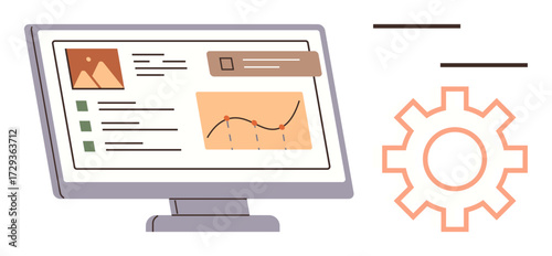 Desktop screen with graphs, analytics, images, and task listings alongside a gear icon. Ideal for workflow optimization, project management, analytics, productivity, automation visualization