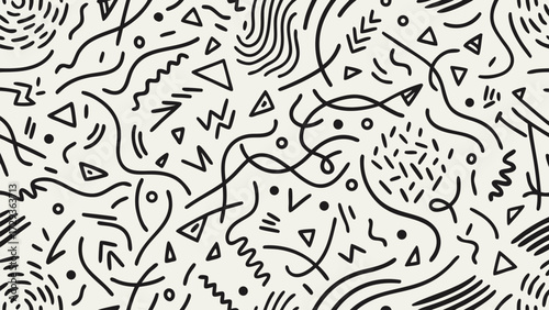 Abstract black and white doodles and scribbles seamless pattern minimalist hand drawn design