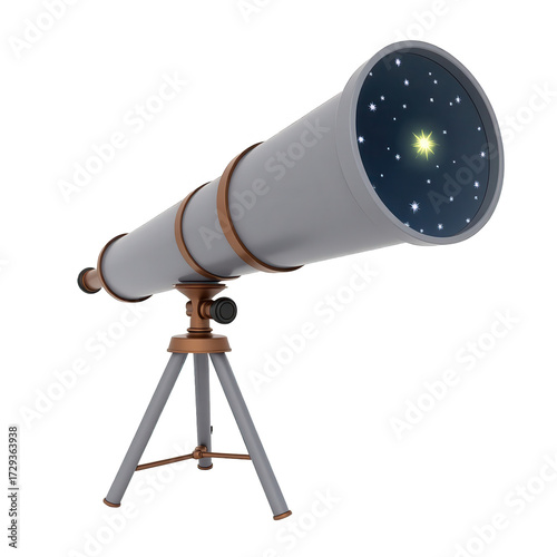A detailed illustration showcases a telescope with a dark night sky visible through the eyepiece, exhibiting a bright star amidst numerous smaller stars, mounted on a tripod against a black...