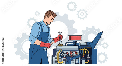 Mechanic working on a car engine with tools and parts illustration, repair concept