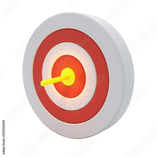 Circular target with arrow centered, showcasing vibrant red and white concentric rings against a black background, highlighting the bullseye and its yellow arrow's perfect placement to symbolize...