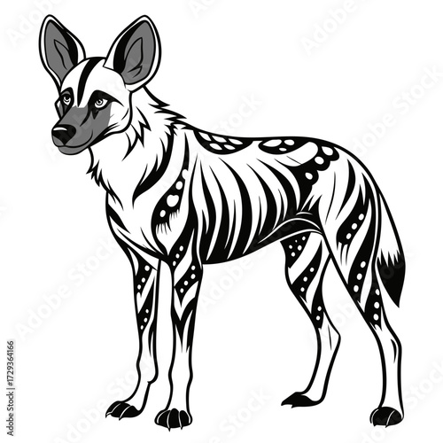 Stylized black and white illustration of an African wild dog