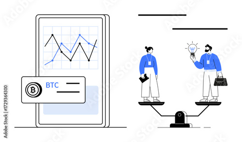 People exchanging ideas on a scale, Bitcoin analysis on a digital chart, innovation, finance. Ideal for cryptocurrency, teamwork, leadership, decision-making trading economy innovation. Simple