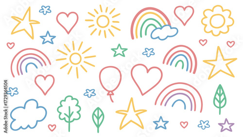Cute hand drawn doodle elements collection featuring rainbows stars hearts and sun with playful pastel background