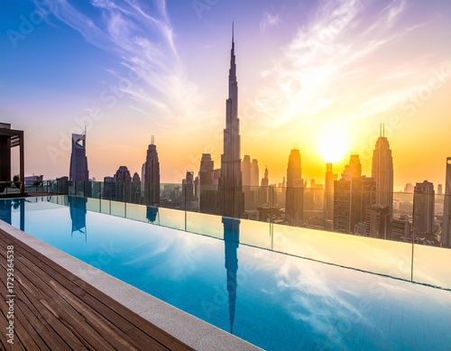 Luxurious infinity pool overlooking a modern city skyline at sunset, reflecting the sky.