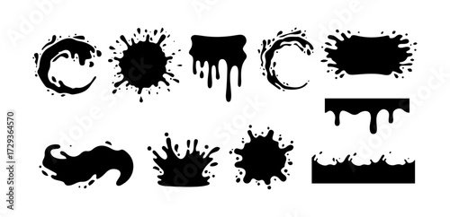 Vector collection of black ink blots and splatters with dripping effects on a transparent background