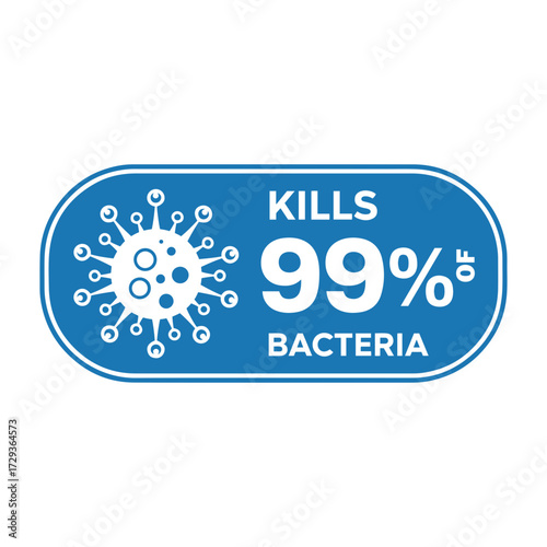 Vector blue sign with virus icon that says kills ninety nine percent of bacteria on transparent background