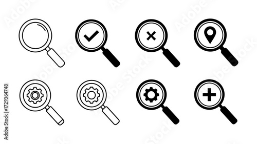 Vector illustration of eight magnifying glasses with different symbols inside in black and white