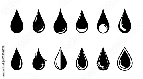 Vector illustration of twelve black stylized teardrop shapes arranged in two rows on white