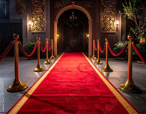 Red carpet leading to an ornate building entrance with gold stanchions and velvet ropes.