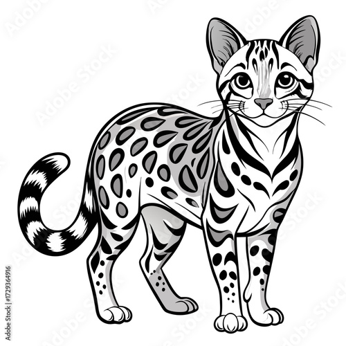 Elegant cartoon Bengal cat illustration standing against a white background