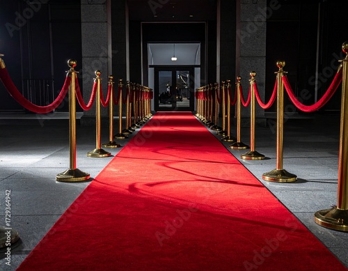 A long red carpet with golden stanchions leads towards a dark doorway, creating a pathway.